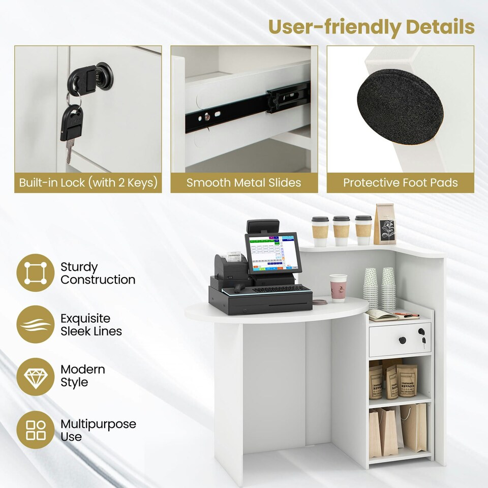 image 1 of COSTWAY Reception Desk with Lockable Drawer White & Black Black