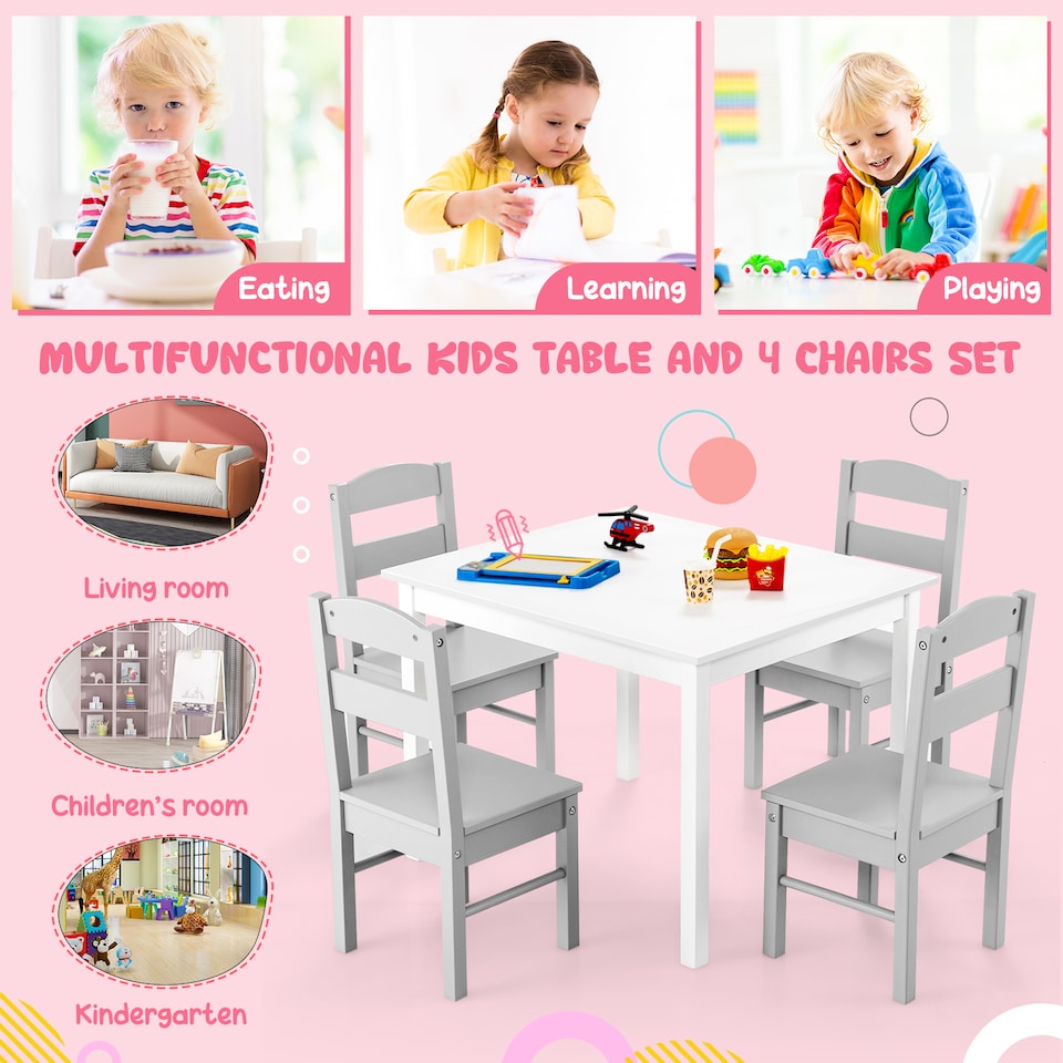 image 1 of COSTWAY Kids Table and 4 Chairs Set for Toddlers Grey