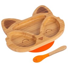 Tiny Dining Bamboo Fox Baby Weaning Plate & Fork Set - Orange