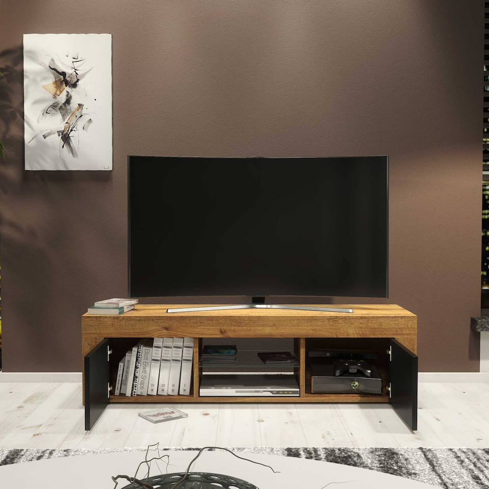 image 1 of TV Unit TV Stand Oak Black Media Console Sideboard Storage Cabinet 130cm