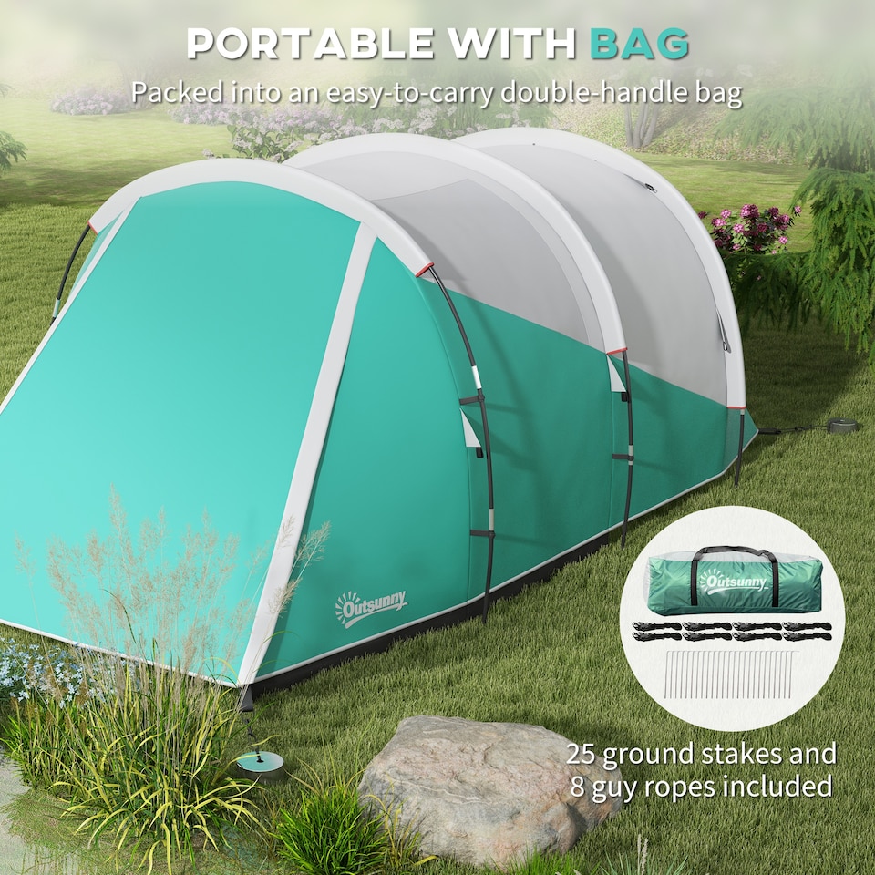 image 1 of Outsunny 3000mm Waterproof Camping Tent with 2 Rooms for 3 Man, Green