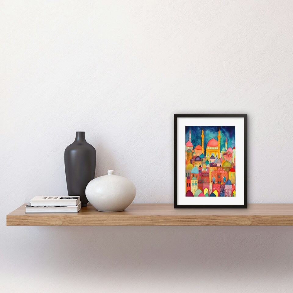 image 1 of Hagia Sophia Evening Cityscape Folk Art Watercolour 9x7" Black Framed Wall Art Print