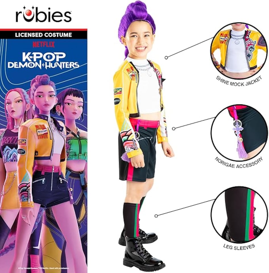 image 1 of Rubie's Official Netflix K-Pop Demon Hunters Deluxe Rumi Costume | Yellow Cropped Jacket Attached To Top, Shorts & Striped Knee-High Leg Sleeves w/ Charm Accessory| Girls Fancy Dress | Officially Licensed Halloween Costume | Kids Sizes
