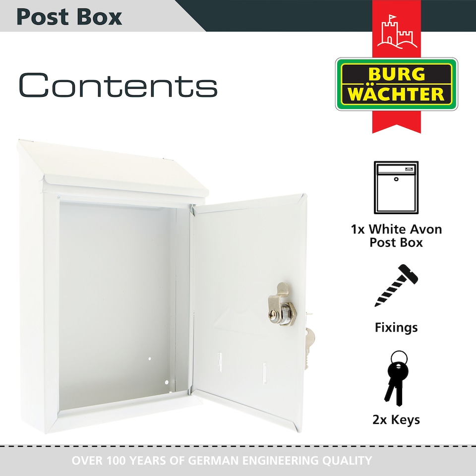 image 1 of Burg-Wachter White Avon Dual Entry Wall Mounted Galvanised Steel Lockable Weatherproof Post Box - 21x30x7cm | White | White