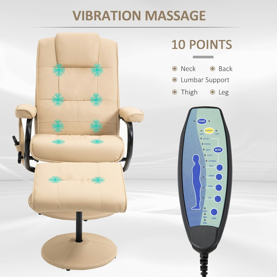 image 1 of HOMCOM Massage Recliner Chair Cushioned Ottoman 10 Point Vibration Cream
