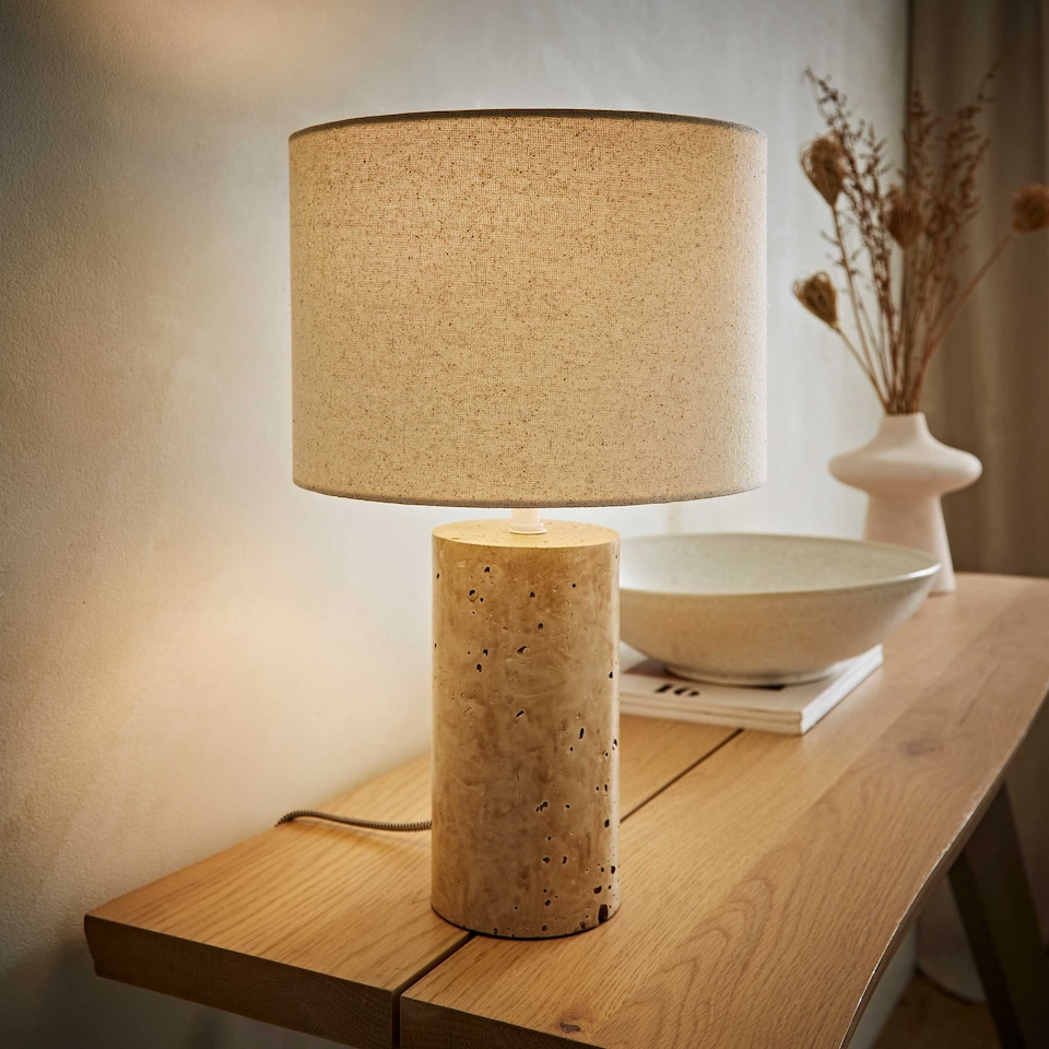 image 1 of ValueLights Chloe Marble Effect Natural Table Lamp with Drum Shade