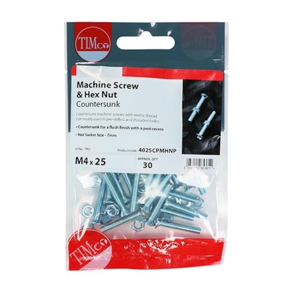 image 1 of Timco - Machine Screws - PZ - Countersunk & Hex Nuts - Zinc (Size M5 x 40 - 15 Pieces)