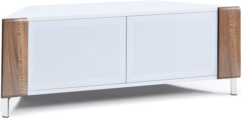 image 1 of MDA Designs CORVUS Corner-Friendly Gloss White Contemporary Cabinet with Walnut Profiles White BeamThru Glass Doors Suitable for Flat Screen TVs up to 50" | Multi | 1