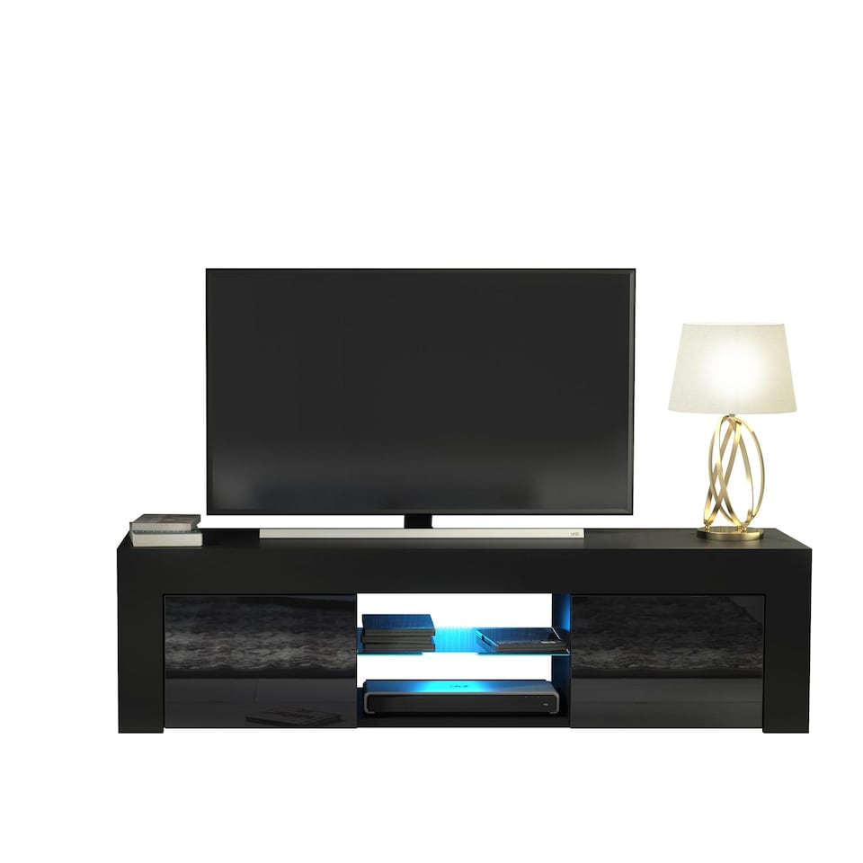 image 1 of TV Unit TV Stand Cabinet Sideboard Black High Gloss Doors Free LED 130cm