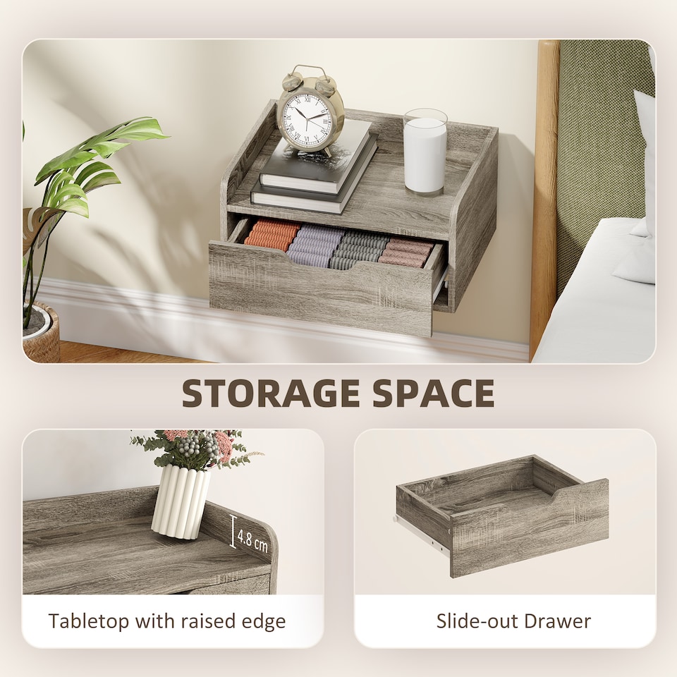 image 1 of HOMCOM Floating Nightstands Set of 2, Nightstand with Drawer | Grey | Natural wood | 40W x 30D x 19.5H cm