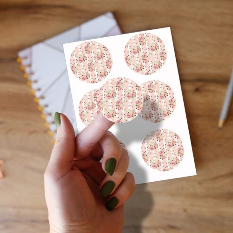 image 1 of Floral Baby Pink Stripes Round Stickers 88mm - Sheet of 6