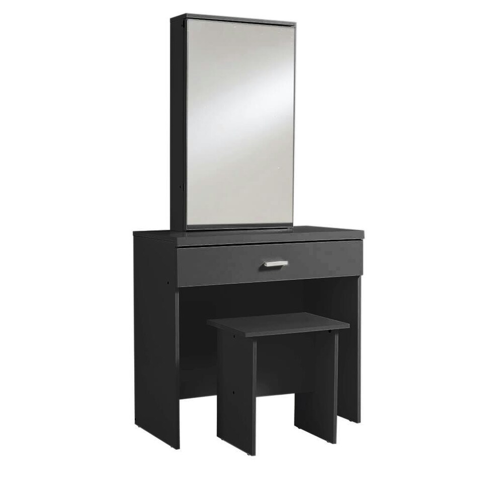 image 1 of Makeup Dressing Table Set With Sliding Storage Space Vanity Mirror and Stool Black