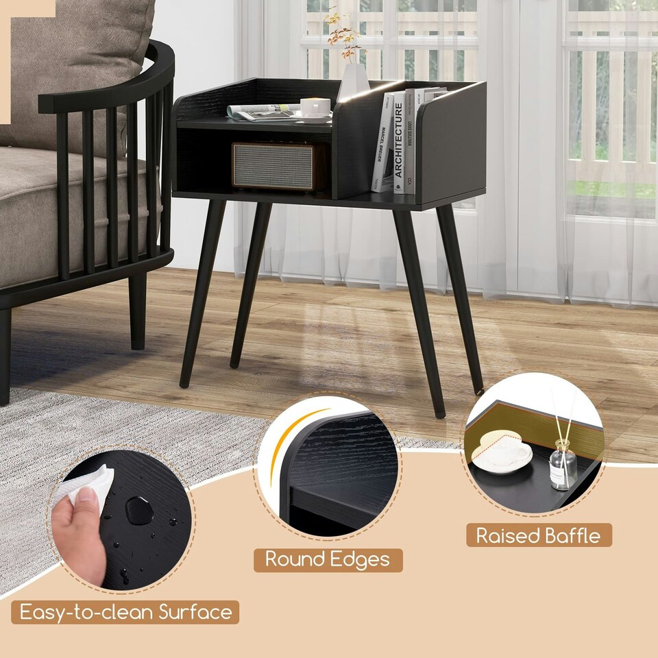 image 1 of COSTWAY Modern Nightstand 2-Tier Bedside Table Black Black