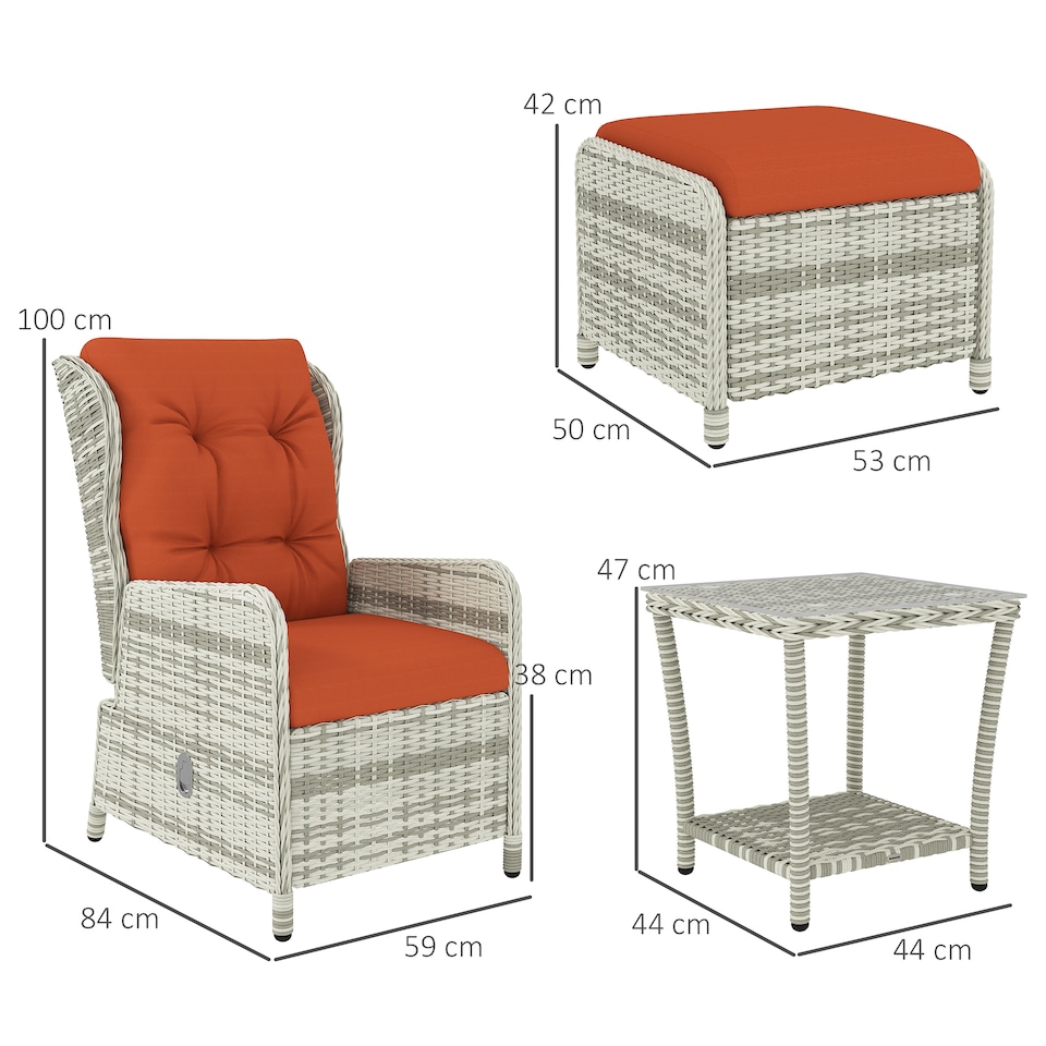 image 1 of Outsunny Recliner Rattan Garden Furniture w/ Two-tier Table, Orange | Orange | Orange | 1