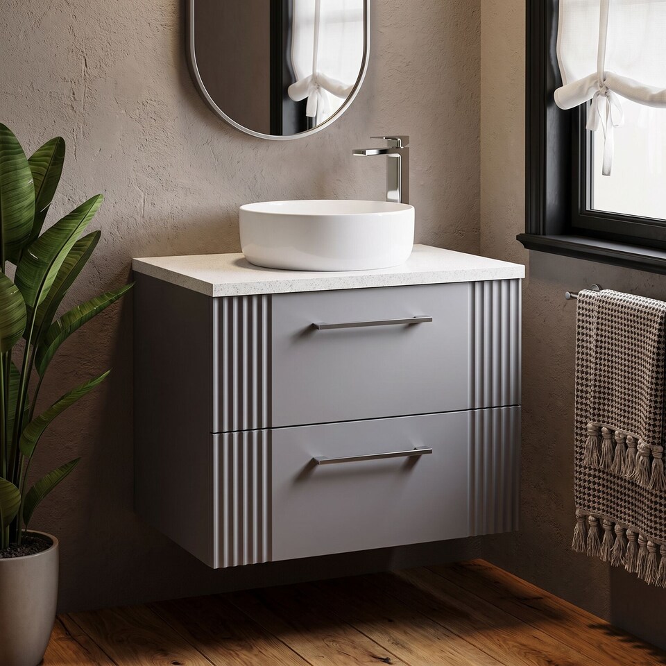 image 1 of Balterley Partial Fluted 2 Drawer Wall Hung Vanity Unit with Sparkling Laminate Worktop | Grey | Satin Grey