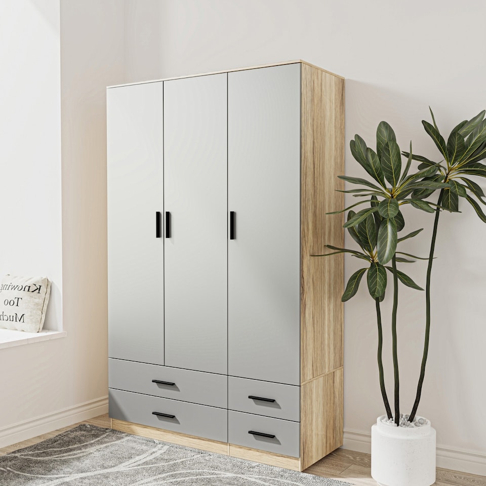 image 1 of 3 Door 4 Drawer Wardrobe With Hanging Rail And Storage Shelf | Brown | Oak Carcass & Grey Door | 1
