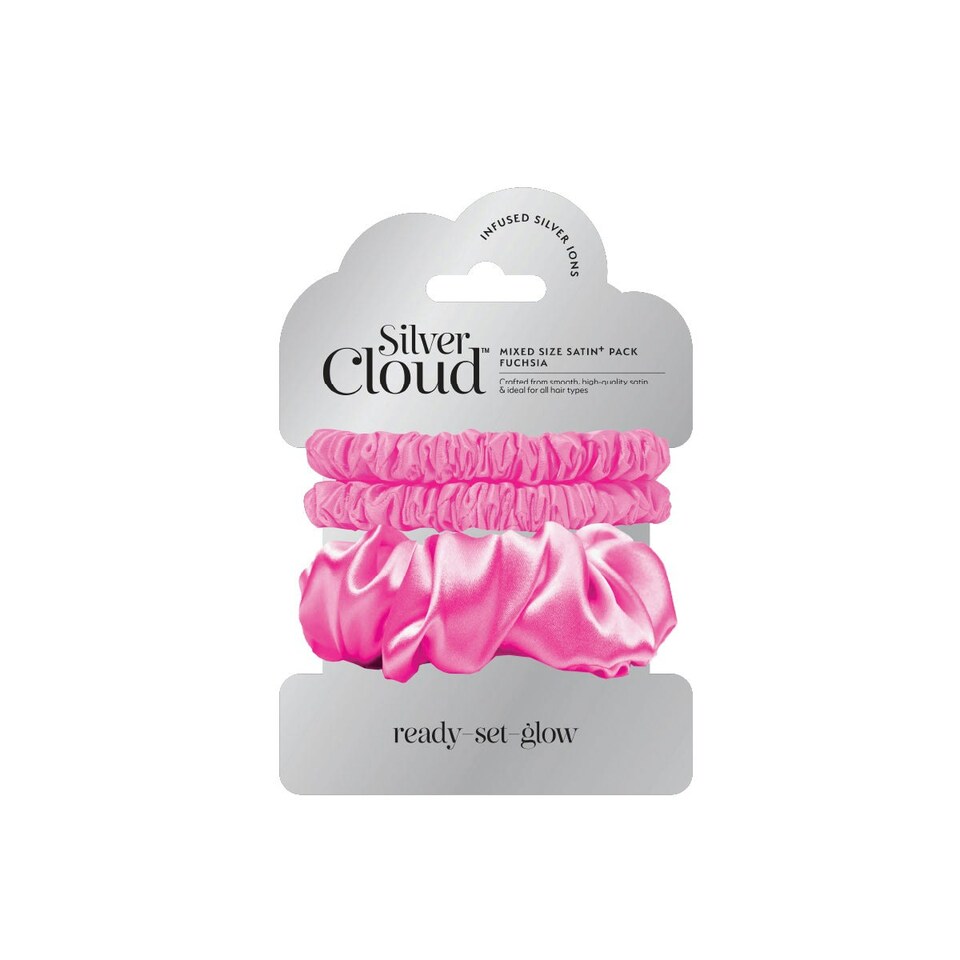 image 1 of Silver Cloud Satin Scrunchie Trio Combo Fuchsia 3 Pack
