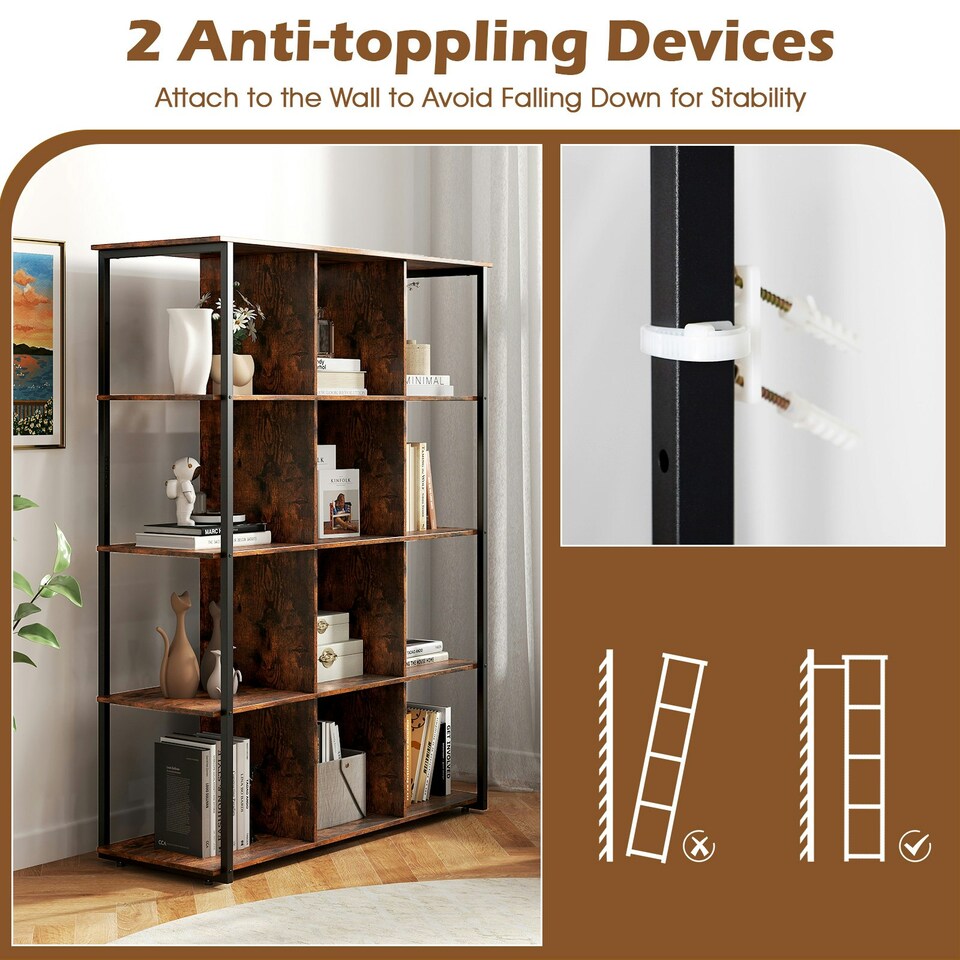 image 1 of COSTWAY 12-Cube Bookcase Freestanding Bookshelf Brown Brown