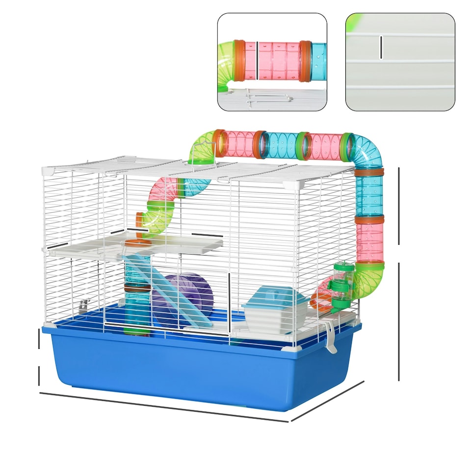 image 1 of PawHut Hamster Cage w/ Tubes Exercise Wheel, Water Bottle, Food Dish - Blue