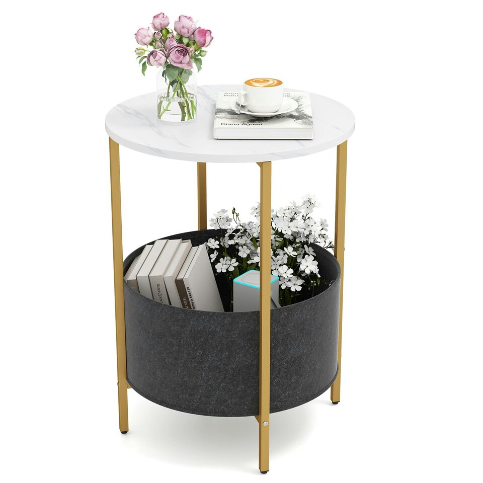 image 1 of COSTWAY Round End Table Small Space 2-Tier Side Table White