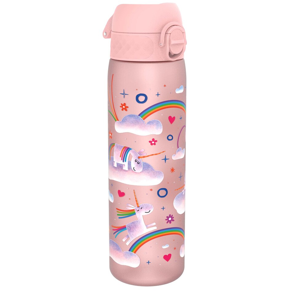 image 1 of Leak Proof Slim Water Bottle, BPA Free, 500ml (18oz) | Pink | Unicorn Rainbows | One Size