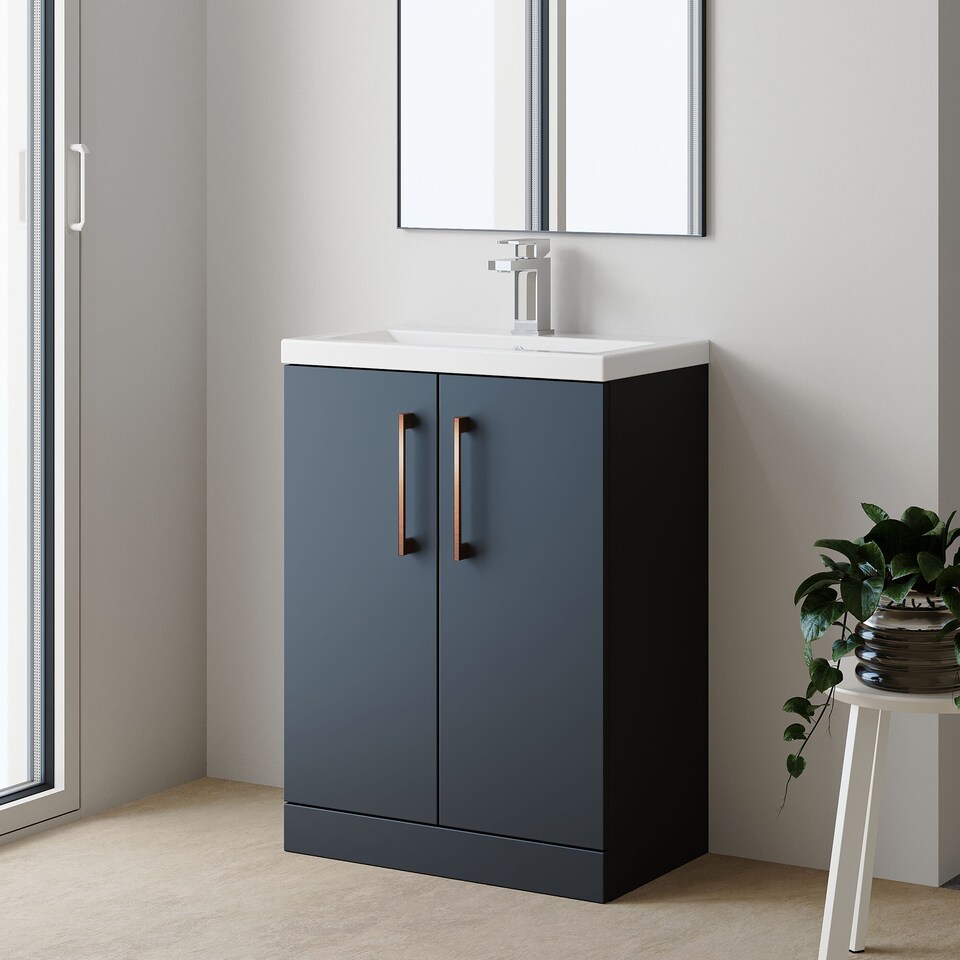 image 1 of Balterley Level Compact Bathroom Cloakroom Vanity Basin Unit with Ceramic Basin, Handles | Black | Satin Soft Black | 840 x 620 x 360mm