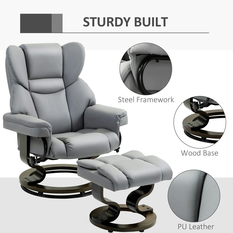 image 1 of HOMCOM PU Leather Manual Reclining Armchair Footstool Padded Seat Light Grey