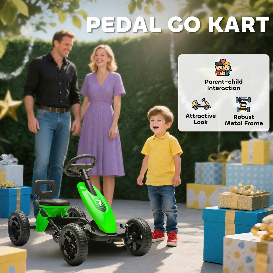 image 1 of AIYAPLAY Pedal Go-Kart for Kids with Silent EVA Wheels, Metal Frame, Green