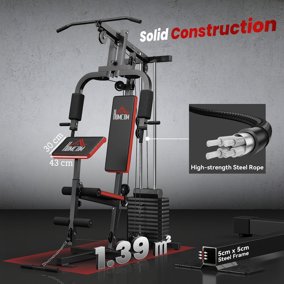 image 1 of HOMCOM Multi Home Gym Machine with 65kg Weights for Strength Training Black | Black | Black | 210 x 135 x 103 cm