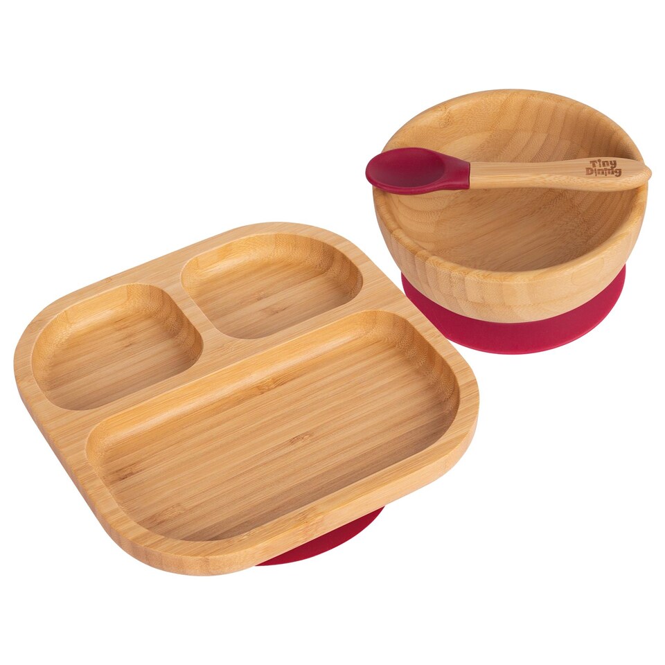 image 1 of Tiny Dining Children's Bamboo Suction Dinner Set - Red