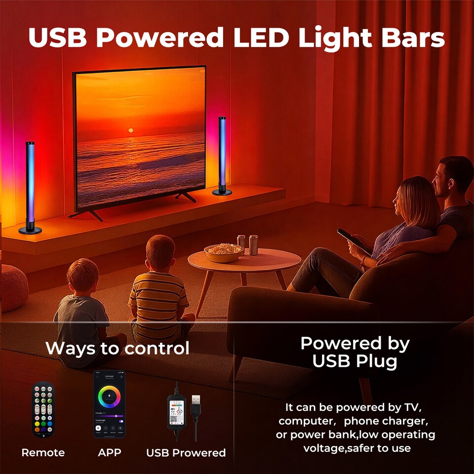 image 1 of Emitto 2x Smart RGB LED Light Bars Game Ambient Lamps Color Changing Music Timer