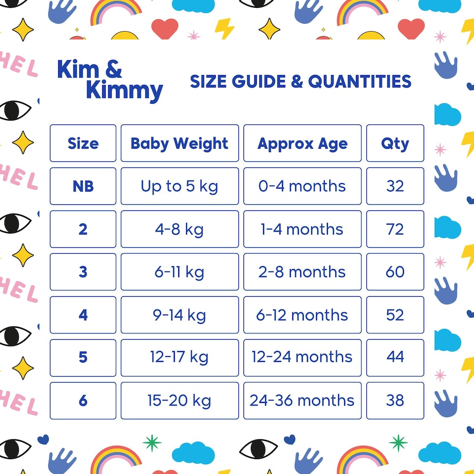 image 1 of Kim & Kimmy Nappies, Size 4, 9-14kg, 52 Pack, Funny Icons