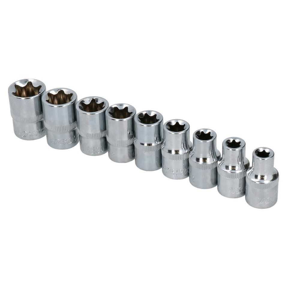 image 1 of 1/2" Drive Male + Female Short Long Torx E Sockets T27 - T70 E10 - E24 18pc