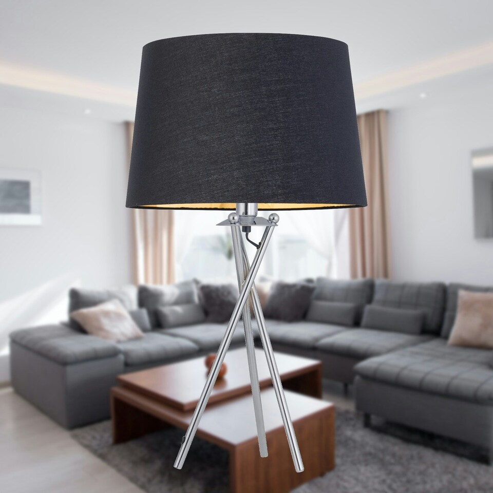 image 1 of Set of 2 Tripod - Chrome Lamps with Black & Gold Fabric Shade Chrome | Black