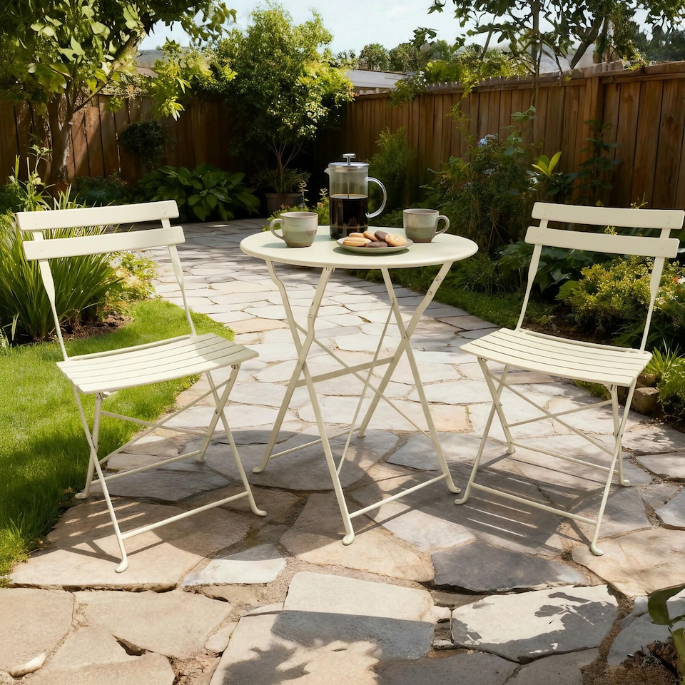 image 1 of Clifton Bistro Set Outdoor Patio Garden Furniture Table and 2 Chairs Metal Frame | Cream