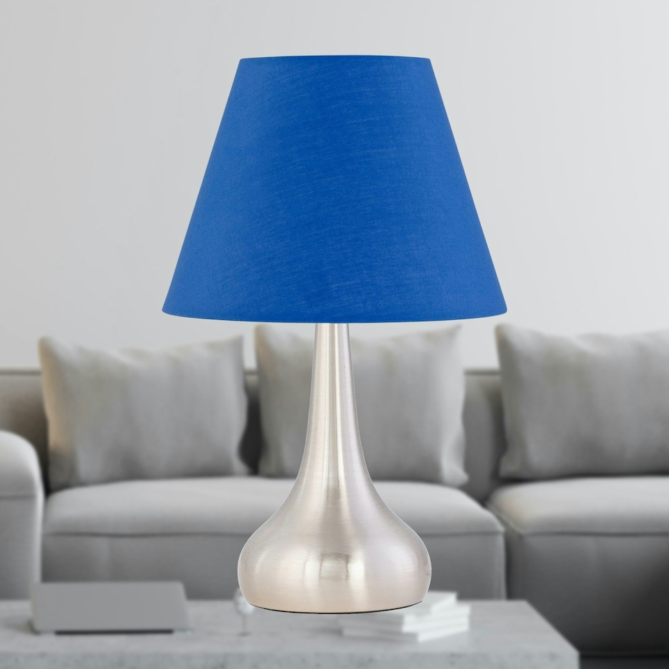 image 1 of Set of 2 Romana - Brushed Chrome Touch Lamps with Royal Blue Shades Silver | Blue