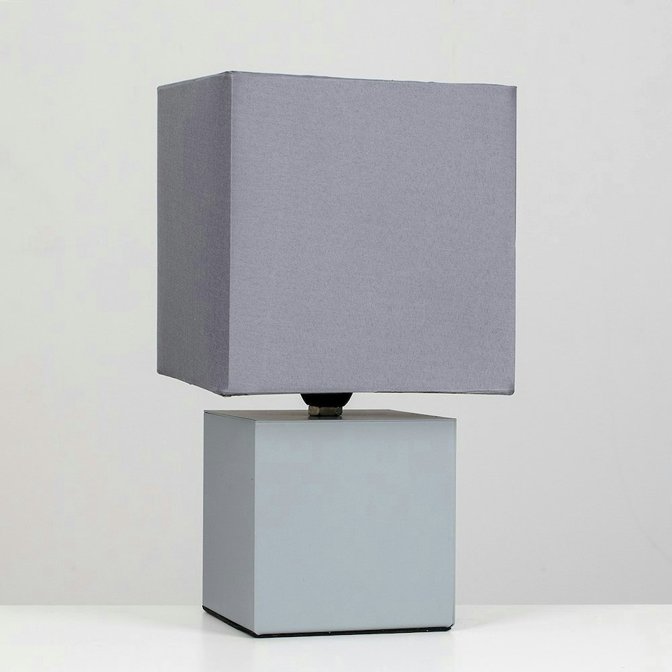 image 1 of ValueLights Cubbie Grey Cube Design Touch Dimmer Bedside Table Lamp with Grey Fabric Light Shade and LED Candle Bulb In Warm White