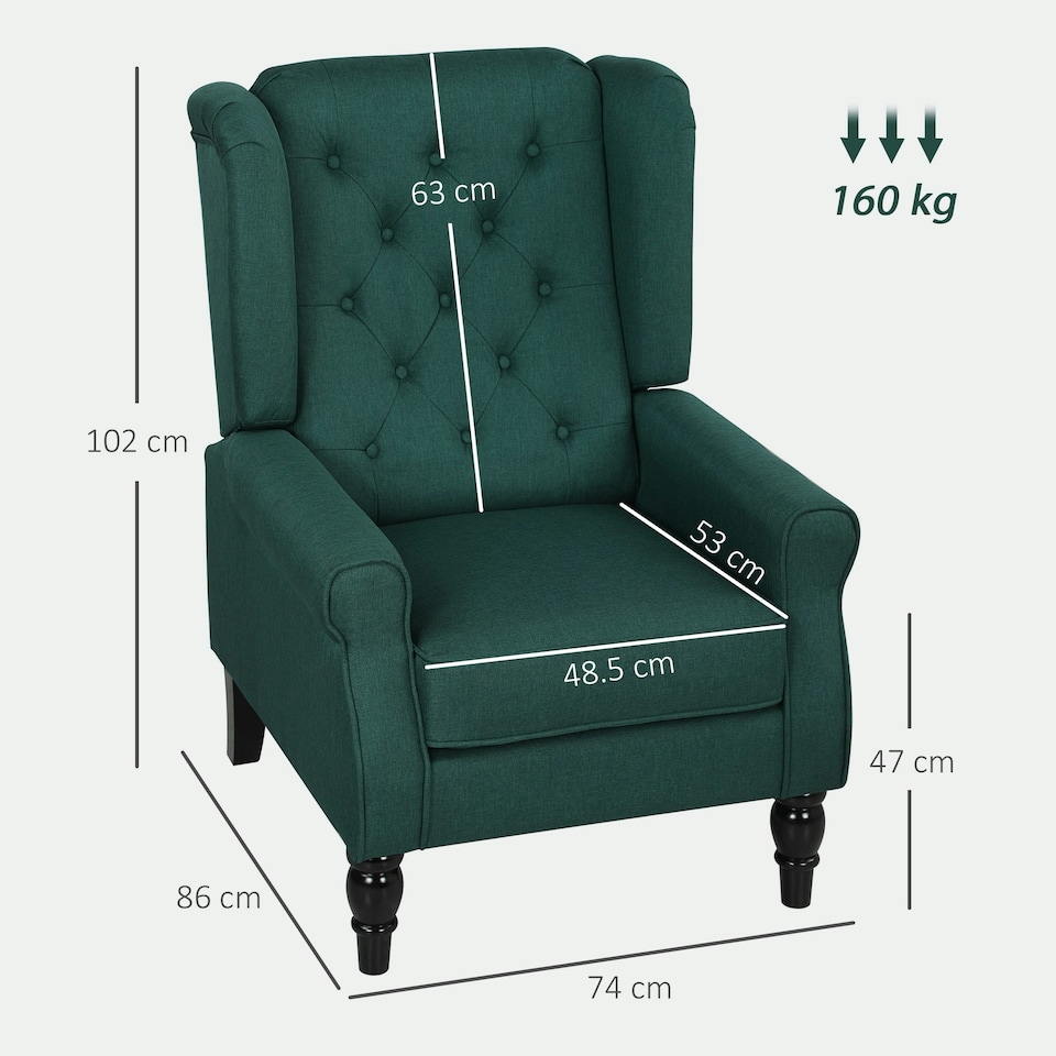 image 1 of HOMCOM Accent Chair Wingback Armchair Tufted Club Wood Fabric, Dark Green | Green | Dark Green | One Size