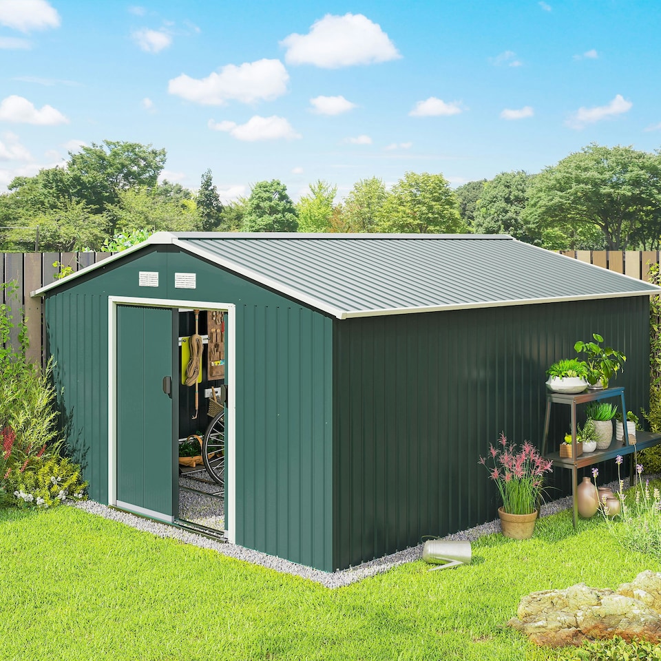 image 1 of Outsunny 13 x 11ft Garden Shed Storage with Foundation Kit and Vents, Green
