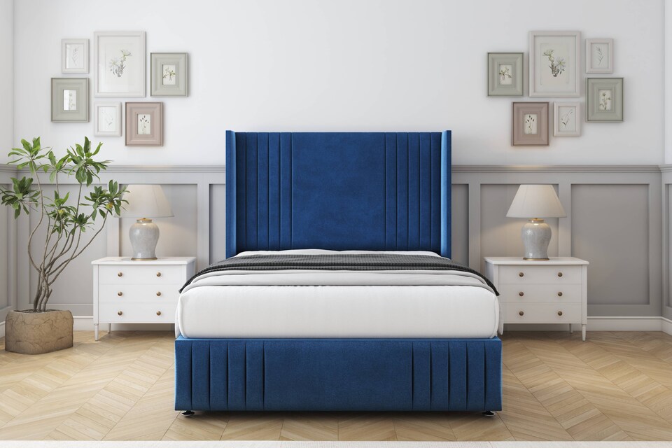 image 1 of Sloomy Camden Navy Plush Divan Bed Base No Drawers With 54 Inch Wingback Headboard & 12 Inch Matching Footboard | Blue | Navy | Super King | 1