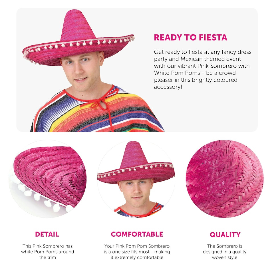 image 1 of Pink Mexican Sombrero – Fancy Dress Fiesta Hat with Pom-Pom Trim Pink | 6