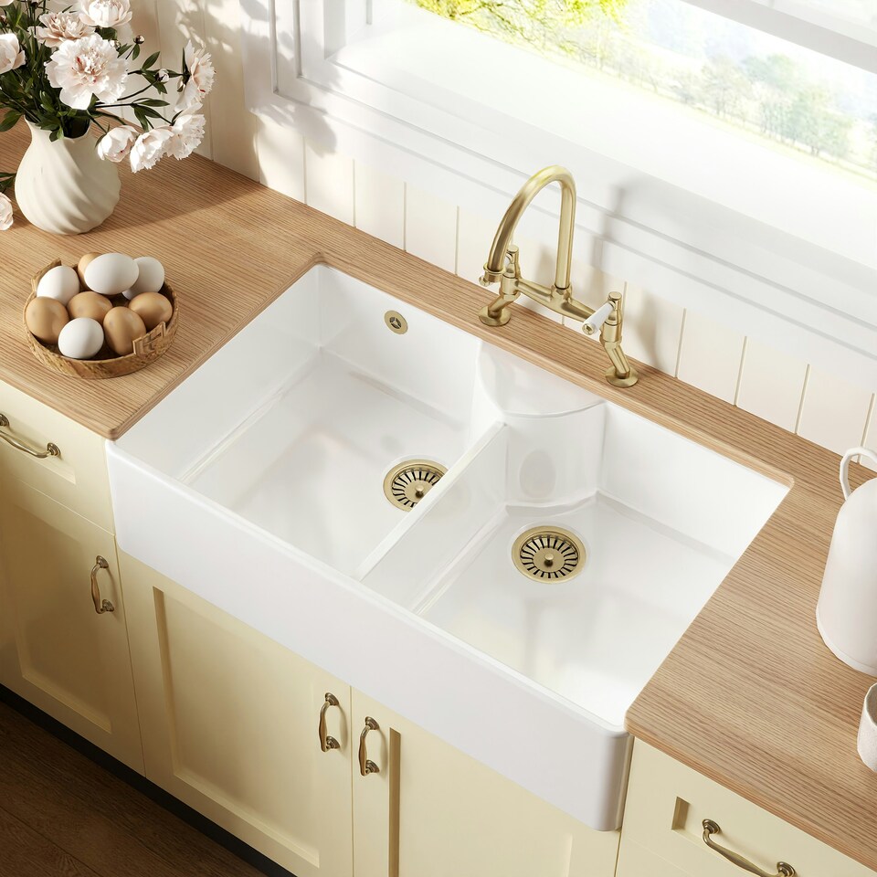 image 1 of Fireclay Double Bowl Stepped Weir Butler Sink Bundle - 895mm with Wastes & Bridge Lever Tap - Brushed Brass by Balterley