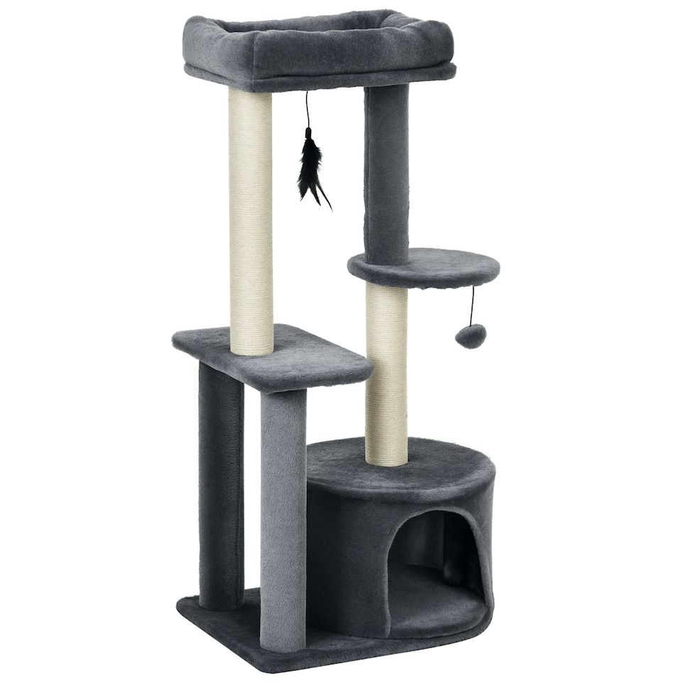 image 1 of PawHut 100cm Cat Tower Condo with House Sisal Scratching Post Perches Grey