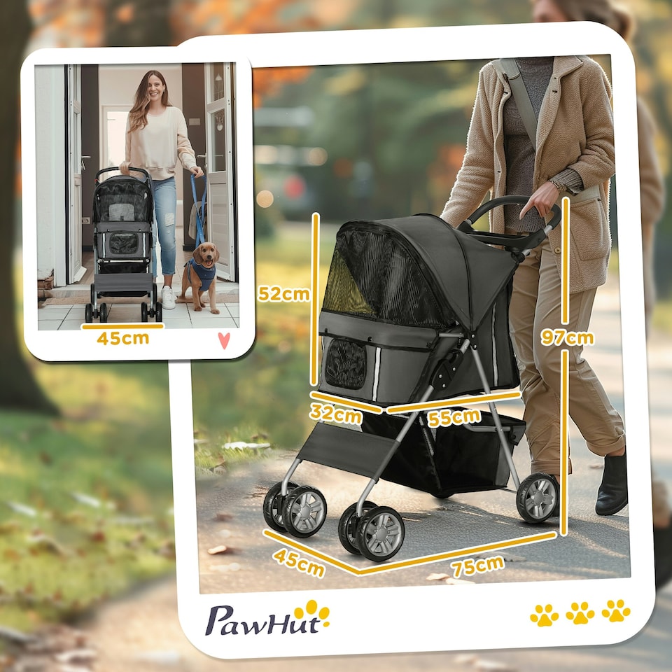 image 1 of PawHut Pet Stroller Carrier Foldable Deluxe Walk Travel Dog Dark Grey
