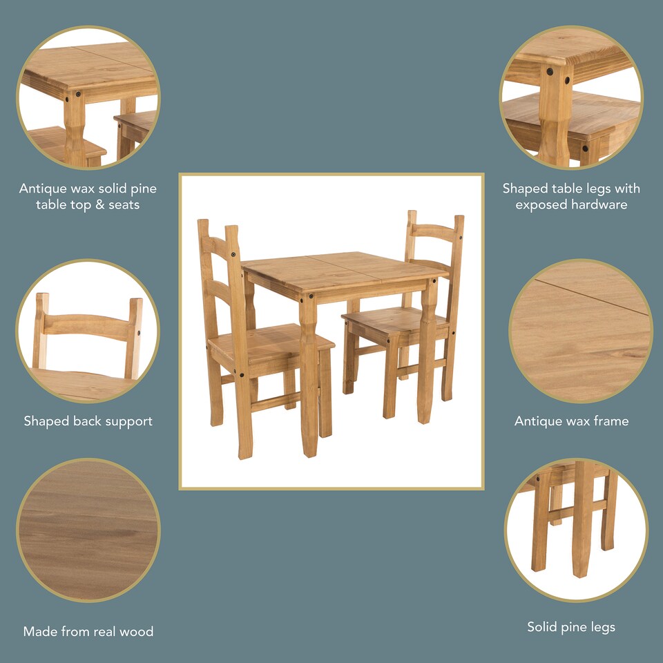 image 1 of Premium Corona Square Dining Set with Table and 2 Chairs in Grey or Brown Waxed Pine - Solid Wood | Brown | Brown | 1