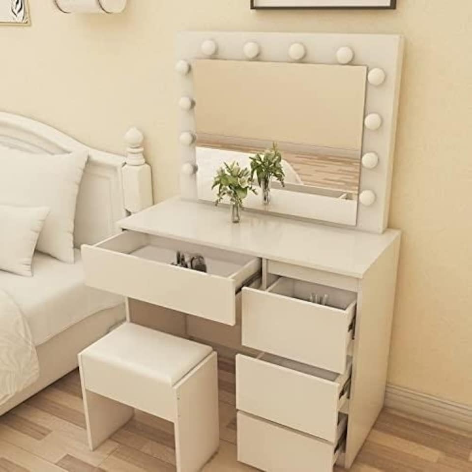 image 1 of Dressing Table with Mirror and Stool Makeup Vanity LED Bulbs Mirror Hollywood Table | White | L94 x W42 x H140 cm