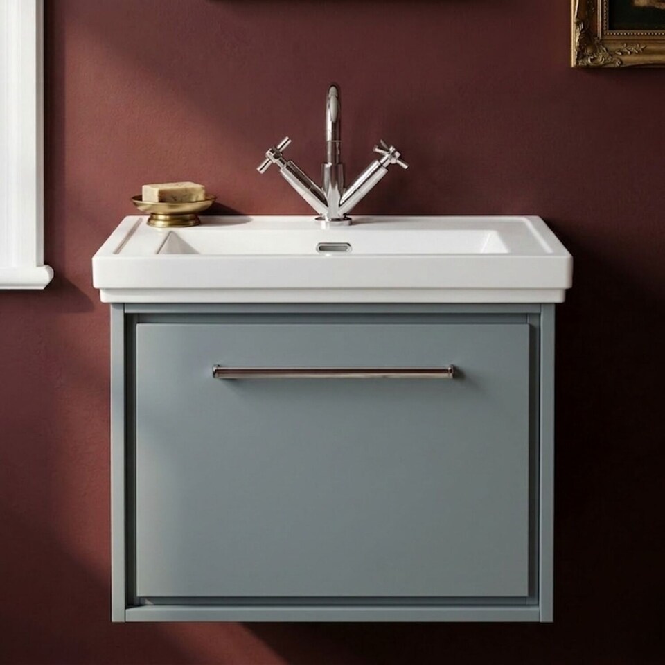 image 1 of Balterley Modern Bathroom Wall Hung Single Drawer Vanity Unit with Fireclay Basin - Vanity Basin Units, 1 Tap Hole | Grey | Monument Grey | 497 x 630 x 471mm