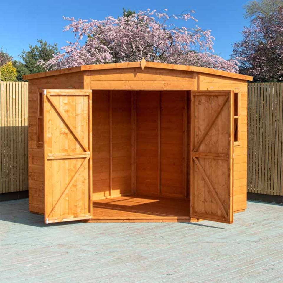 image 1 of Corner Shed Double Doors Tongue and Groove Garden Shed Workshop Approx 7 x 7 Feet - Honey Brown Timber Basecoat | Brown