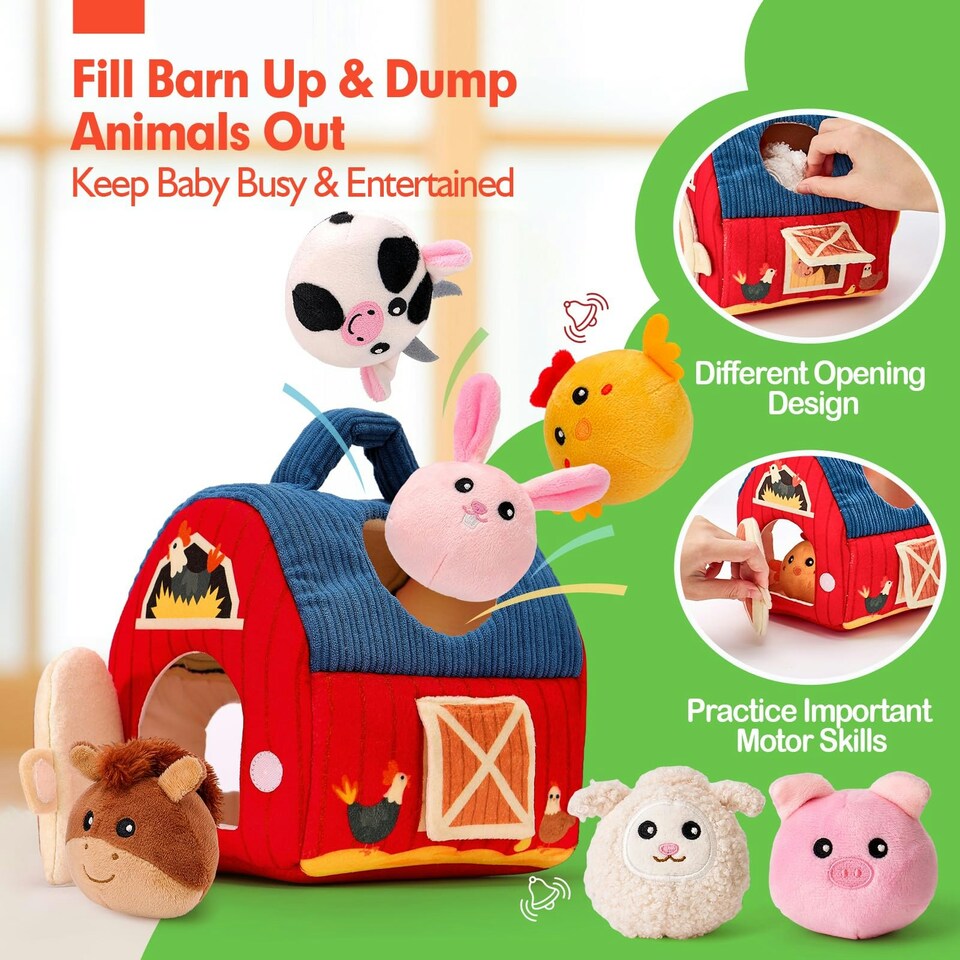 image 1 of Plush Barn with Stuffed Farm Animals, Rattle, Crinkle Paper & Baby Mirror
