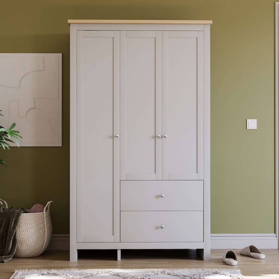 image 1 of Vida Designs Arlington 3 Door 2 Drawer Wardrobe With Shelf & Clothes Rail, Grey & Oak